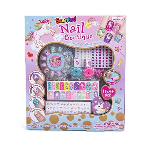 Book Cover Hot Focus Scented Nail Boutique – 168 Piece Unicorn Nail Art Kit Includes Press on Nails, Nail Patches, Nail Stickers, Nail Polishes, Nail File and Ring – Non-Toxic Water Based Peel Off Nail Polish