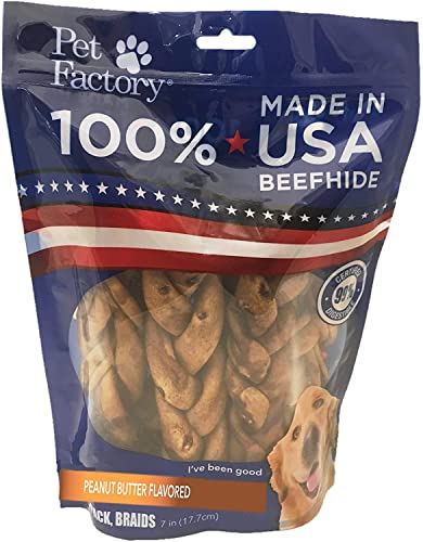 Book Cover Pet Factory 100% Made in USA Beefhide Braided Sticks Dog Chews, Peanut Butter Flavor, Treats for Medium Dogs - 7