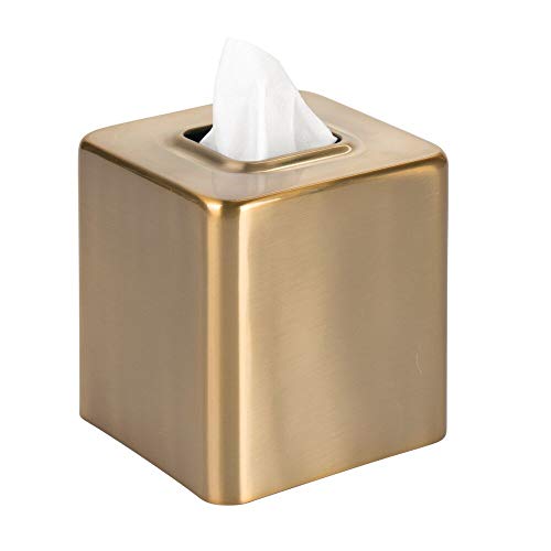 Book Cover mDesign Modern Square Metal Paper Facial Tissue Box Cover Holder for Bathroom Vanity Countertops, Bedroom Dressers, Night Stands, Desks and Tables - Soft Brass