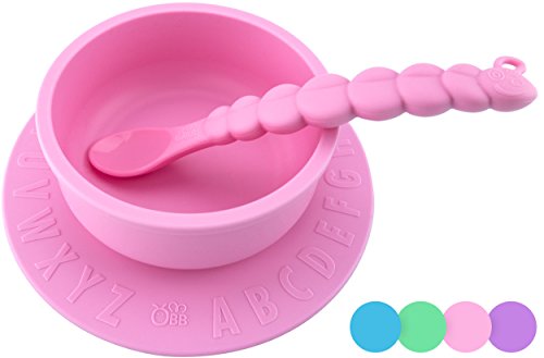 Book Cover OBB Silicone Baby Bowl with Suction Cup Base and ABC Print | Includes Caterpillar Spoon (Pink)