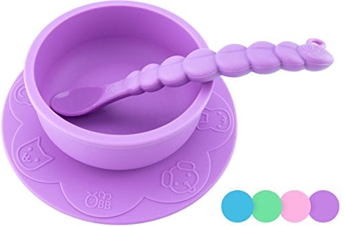 Book Cover OBB Silicone Baby Bowl with Suction Cup Base and Animal Print | Includes Caterpillar Spoon (Purple)