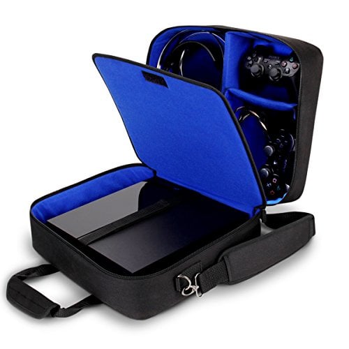 Book Cover USA Gear Console Carrying Case for Travel with Adjustable Shoulder Strap - Compatible with PlayStation 4 Pro, PlayStation 4, and PlayStation 3 - Blue