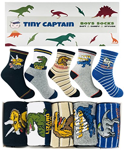 Book Cover Tiny Captain Boy Dinosaur Socks 4-7 Year Old Boys Crew Cotton Sock Age 5 Gift (Medium, Green)