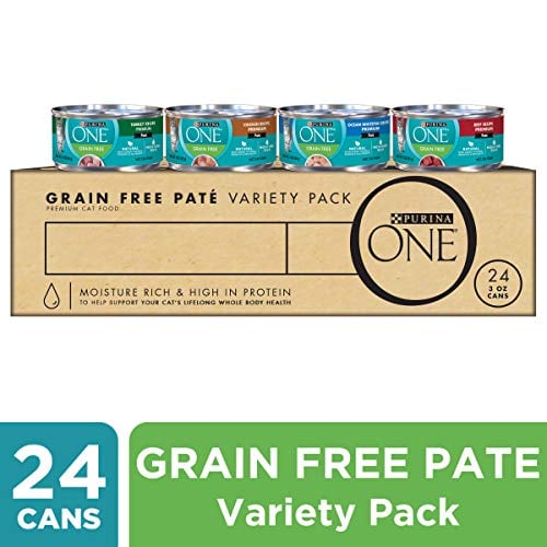 Book Cover Purina ONE High Protein, Grain Free Pate Wet Cat Food Variety Pack, Grain Free Formula - (24) 3 oz. Cans