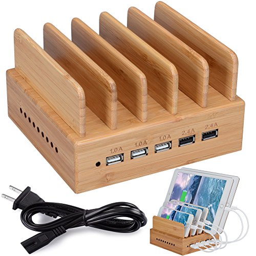 Book Cover Bamboo Charging Station, InkoTimes Removable USB Charging Dock Organizer for iPhone / iPad / Universal Cell Phones and Tablets (Built-in 5 Port USB Charger)