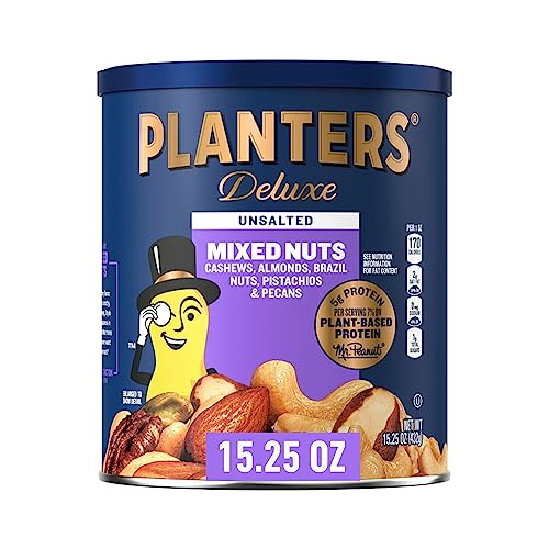 Book Cover PLANTERS Deluxe Unsalted Mixed Nuts, Party Snacks, Plant-Based Protein, 15.25 Oz Canister