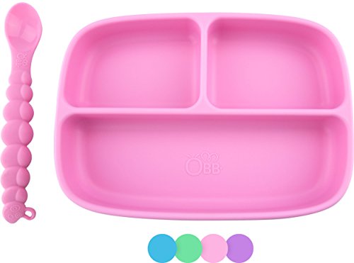 Book Cover OBB 3-Section Silicone Baby Plate with Suction Cup Base (Pink)