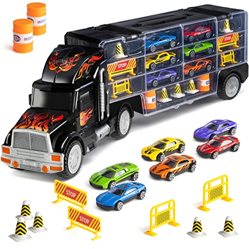 Book Cover Toy Truck Transport Car Carrier - Toy truck Includes 6 Toy Cars and Accessories - Toy Trucks Fits 28 Toy Car Slots - Great car toys Gift For Boys and Girls - Original - By Play22