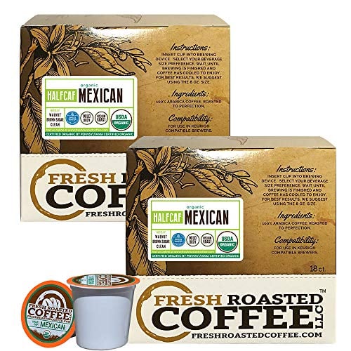 Book Cover Fresh Roasted Coffee LLC, Swiss Water Half Caf Organic Mexican Coffee Pods, Medium Roast, Single Origin, 36 Count