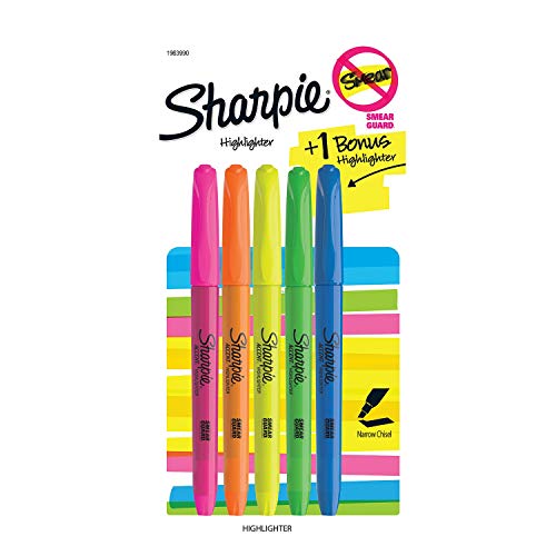 Book Cover Value 5 Pack Sharpie Assorted Highlighters, Narrow Chisel Tip, 5 Per Pack, Pink, Orange, Yellow, Green and Blue (1963990)