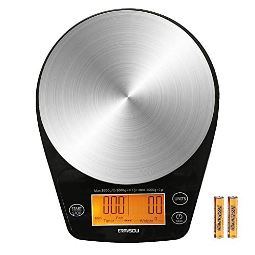 Book Cover ERAVSOW Coffee Scale with Timer, Digital Hand Drip Coffee Scales,Stainless Steel Kitchen Food Weight Scale with Precision Sensors LCD Display & Hanger Hole 6.6lb/3kg Batteries Include