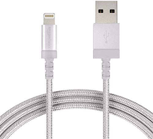 Book Cover Amazon Basics Nylon Braided Lightning to USB A Cable, MFi Certified Apple iPhone Charger, Silver, 6-Foot - Pack of 10