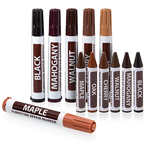 Book Cover RamPro Furniture Markers Touch up, 12 Piece Furniture and Wood Floor Markers and Crayons Repair Kit - 6 Felt Tip Wood Markers, 6 Wax Crayons in Black, Maple, Oak, Cherry, Walnut and Mahogany