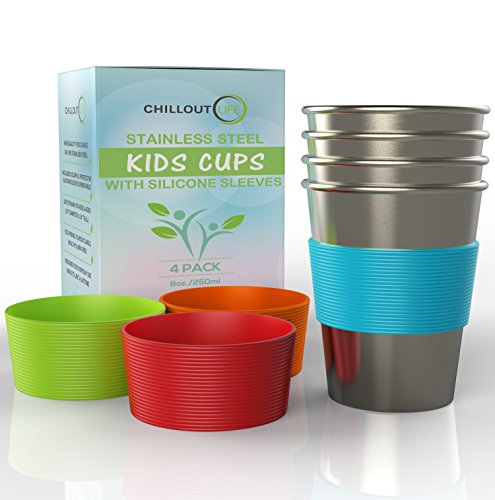 Book Cover Stainless Steel Cups for Kids and Toddlers 8 oz. with Silicone Sleeves - Small Metal Cups for Home & Outdoor Activities, BPA Free Healthy Unbreakable Premium Metal Drinking Glasses (4-Pack)