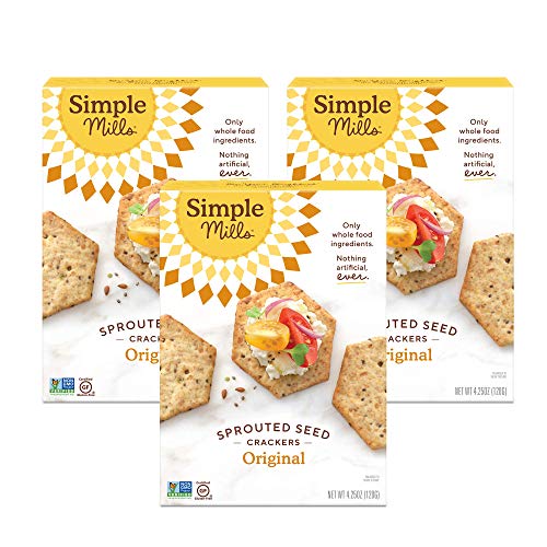 Book Cover Simple Mills Original Gluten Free Sprouted Seed Crackers with Chia Seeds, Hemp Seeds, Sunflower Seeds, Flax Seeds, and Sunflower Oil, Made with whole foods, 3 Count (Packaging May Vary)