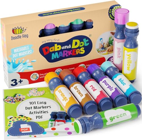 Book Cover DOODLE HOG Washable Dot Markers for Toddlers Kids Preschool | 8 Colors Bingo Markers | Non Toxic Toddler Arts and Crafts Supplies | Paint Markers for Kids | PDF with 200 Dot Art Activity Sheets