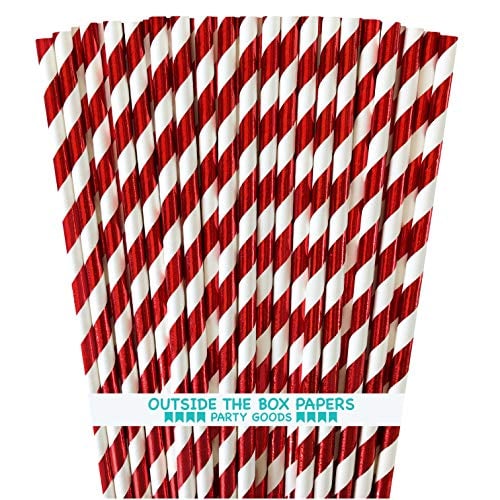Book Cover Foil Red Stripe Paper Straws - 7.75 Inches - 100 Pack - Outside the Box Papers Brand