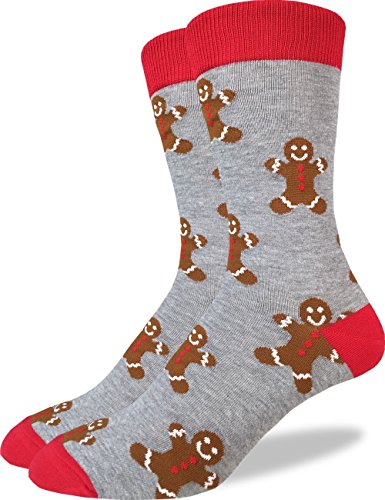 Book Cover Good Luck Sock Men's Gingerbread Men Christmas Crew Socks - Grey, Adult Shoe Size 7-12