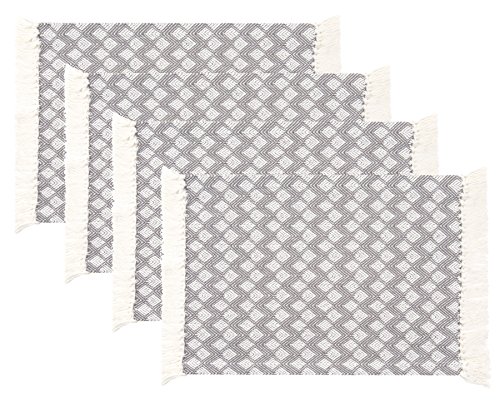 Book Cover Sticky Toffee Cotton Woven Placemat Set with Fringe, Scalloped Diamond, 4 Pack, Gray, 14 in x 19 in