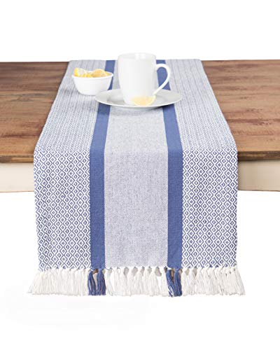 Book Cover Sticky Toffee Cotton Woven Table Runner with Fringe, Traditional Diamond, Gray, 14 in x 72 in