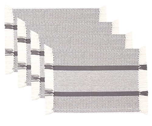 Book Cover Sticky Toffee Cotton Woven Placemat Set with Fringe, Traditional Diamond, 4 Pack Placemats, Gray, 14 in x 19 in