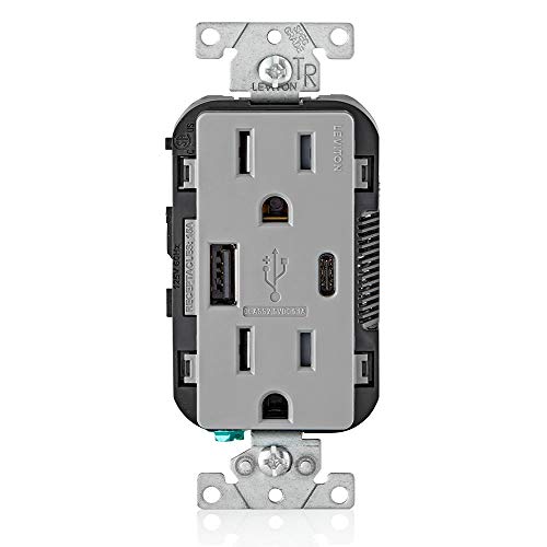Book Cover Leviton T5633-GY Type A & Type-C USB In-Wall Charger with 15A Tamper-Resistant Outlet, USB Charger for Smartphones and Tablets. Not for Laptops, Gray