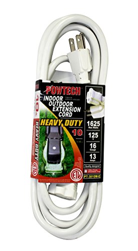 Book Cover POWTECH Heavy duty Outdoor/Indoor 3 Wire Grounded SJTW 16/3, 1625 WATTTS, 13 AMPS Extension Cord, ETL VERIFIED, White, 10 Feet