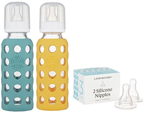Book Cover Lifefactory Glass Baby Bottle 2 pack 9oz and 2- 3 Stage Nipple for 6+ months (Kale/Mango)