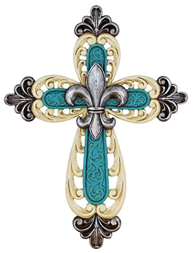 Book Cover Ornate Fleur De Lis Layered Wall Cross Decorative Scrolly Details - Antique White & Teal with Silver Finials