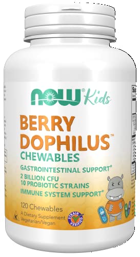 Book Cover NOW Supplements, BerryDophilus™ with 2 Billion, 10 Probiotic Strains, Xylitol Sweetened, Strain Verified, 120 Chewables, packaging may vary
