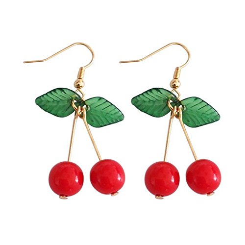 Book Cover 18K Gold Plated Sweety Fruit Green Leaf Red Cherry Charm Women Girls Dangle Earring
