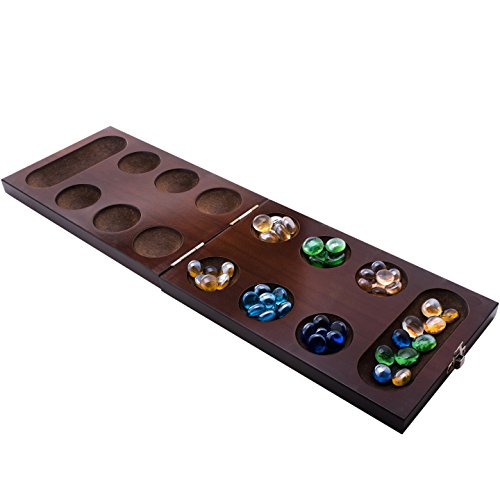 Book Cover Mancala Board Game Set by GrowUpSmart with Dark Folding Wooden Board + Beautiful Multi Color Glass Beads - Smart tactical game for kids and adults - Easy to store Travel Size [Unfolds to 17.13 inches]