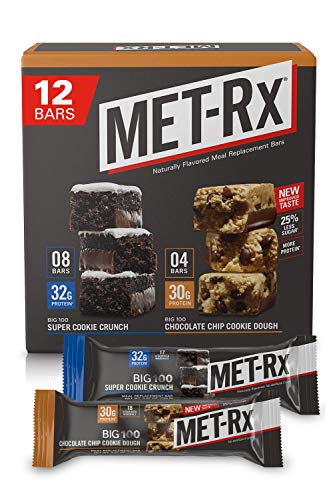 Book Cover MET-Rx Big 100 Protein Bars, Meal Replacement Bars, Variety Pack - Super Cookie Crunch and Chocolate Chip Cookie Dough Bars, 12 Count, 3.52 Oz.