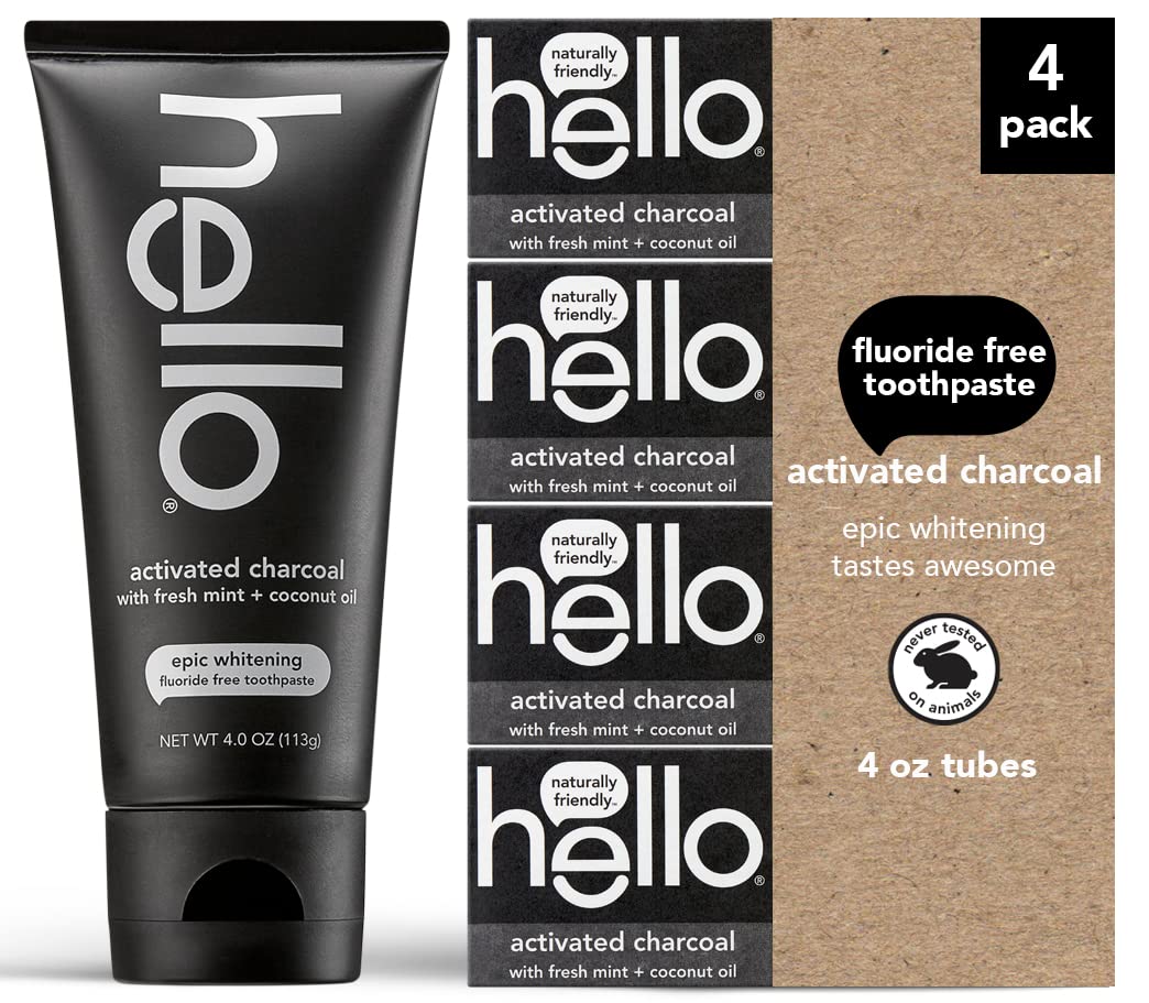 Book Cover hello Activated Charcoal Epic Teeth Whitening Fluoride Free Toothpaste, Fresh Mint and Coconut Oil, Vegan, SLS Free, Gluten Free and Peroxide Free, 4 Ounce (Pack of 4) 4 Pack