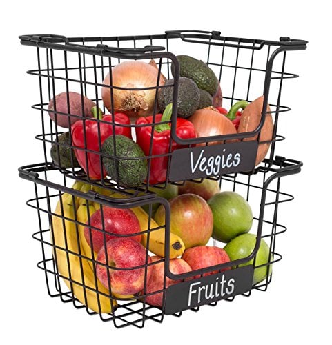Book Cover Stacking Wire Market Baskets with Chalk Label - Set of 2 - Fruit Vegetable Produce Metal Storage Bin for Kitchen Counter - Pantry Cabinet - Bathroom Shelves - Metallic Black