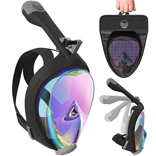 Book Cover Aleoron - Foldable Full Face Snorkel Mask for Adults and Youth (Women & Men) - Anti Fog Snorkeling Mask Full Face with Action Camera Mount - UV Panoramic 180 Dive Mask Seaview Diving Mask Set