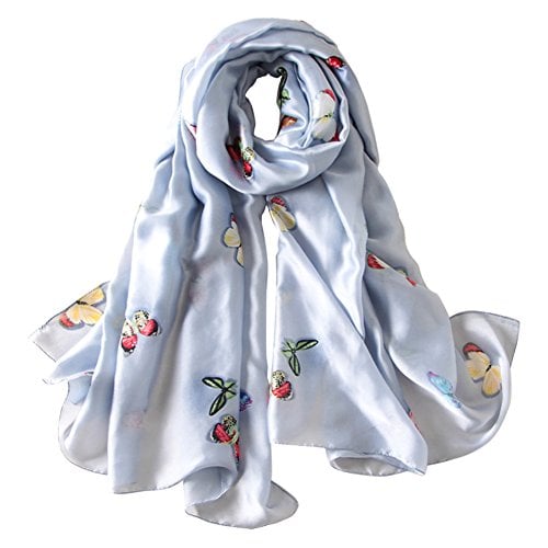 Book Cover Alice Women Classy Silky Satin Butterfly Print Long Scarf Shawls Wraps - Blue - Large