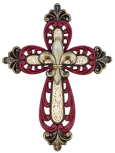 Book Cover Ornate Fleur De Lis Layered Wall Cross Decorative Scrolly Details - Burgundy & Cream with Gold Finials