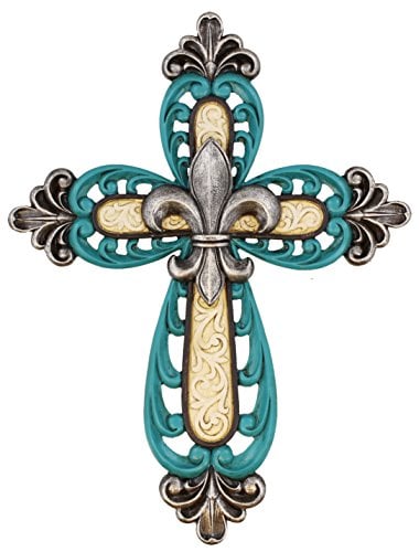 Book Cover Old River Outdoors Ornate Fleur De Lis Decor Wall Mount Cross - Scrolly Art Details - Teal and White with Silver Accents