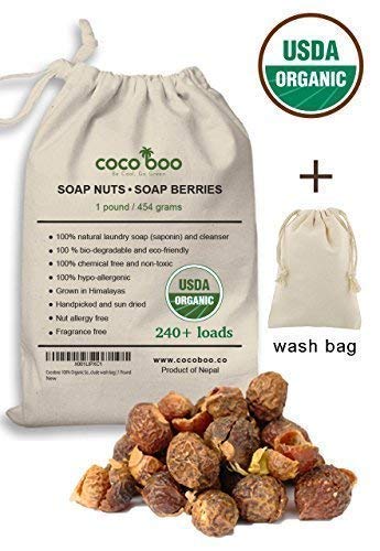 Book Cover Cocoboo 100% Organic Soap Nuts, USDA Organic Certified, Handpicked & Sun Dried, Laundry Soap Hypoallergenic, Chemical Free, 240+ Loads, Include wash Bag, 1 Pound