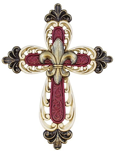 Book Cover Old River Outdoors Ornate Fleur De Lis Decor Wall Mount Cross - Scrolly Art Details - Maroon and Cream White with Gold Accents