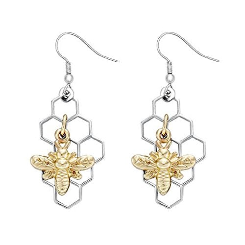 Book Cover NOUMANDA Geometric Hexagon Silver Honeycomb with Gold Bee Earrings Charm Nature Women Jewelry
