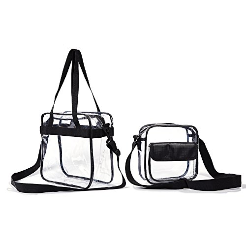 Book Cover Clear Cross Body Messenger Tote Shoulder Zippered Bag (8x8x3)+ See Through Tote w Adjustable Strap(12x2x6) NFL & PGA & NHL Stadium Approved Vinyl Purse, Travel and Gym Clear Tote Bag (2BAGS)