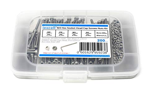 Book Cover iExcell 200 Pcs M3 x 20/25/30/35 mm Stainless Steel 304 Hex Socket Head Cap Screws Bolts Nuts Assortment Kit