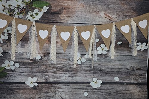 Book Cover Rustic Burlap Banner with Lace Printed Heart Garland Pennant Burlap Triangles Banner Triangle Flags DIY Decoration for Wedding Party Birthday Bridal Shower Baby Shower Party Decor Birthday Decor 9Ft