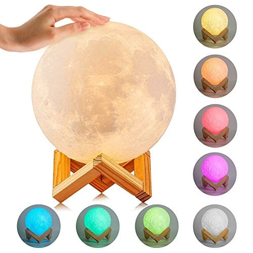 Book Cover Moon Lamp, ICOCO 3D Luna Moon Lamp Dimmable Tap Control LED Night Light 8 Colors, USB Rechargeable Home Decorative Light 3D Printing Moon Lamp for Creative Gift with Wooden Holder 5.9 Inch