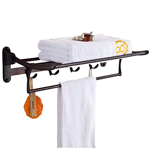 Book Cover ELLO&ALLO Oil Rubbed Bronze Towel Racks for Bathroom Shelf with Foldable Towel Bar Holder and Hooks Wall Mounted Multifunctional Rack