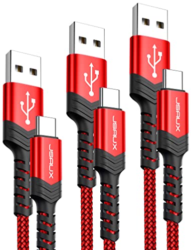 Book Cover USB C Cable Fast Charging,JSAUX 3-Pack(1ft+3.3ft+6.6ft) USB A to Type C Charger Nylon Braided Cord Compatible with Samsung Galaxy S10 S9 S8 Plus Note 10 9 8,Moto Z,LG V20 G6 G5,Switch and More(Red)