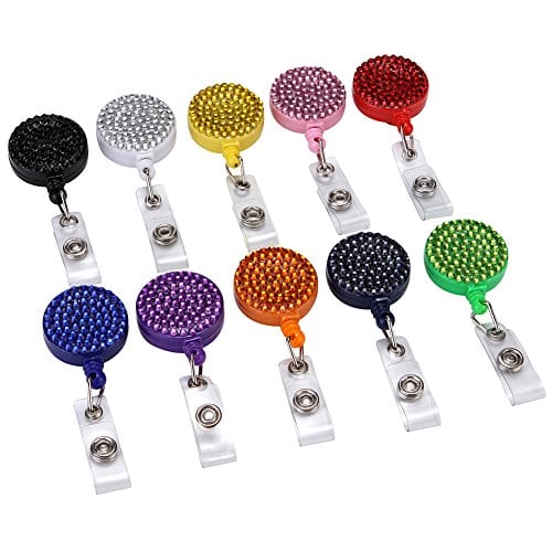 Book Cover Crystal Rhinestone Badge Reel Retractable ID Badge Holder for ID Cards Badge Key Keychain Holders,10 Pack with Different Colors