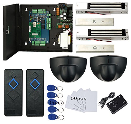 Book Cover TCPIP 2 Doors Magnetic Lock(600LBS) Access Control Systems Request to Exit Detector Motion Sensor 110V Metal Power Supply Box+Card & Fobs